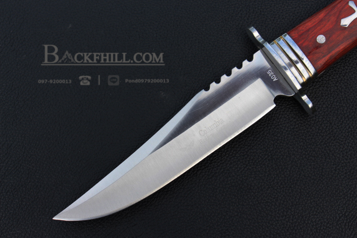 มีดใบตาย COLUMBIA รุ่นA035 ใบมีดทรงโบวี่ ด้ามจับ ลายกางเขนเงินคลาสสิค ไม้อย่างดี พร้อมซองไนลอน