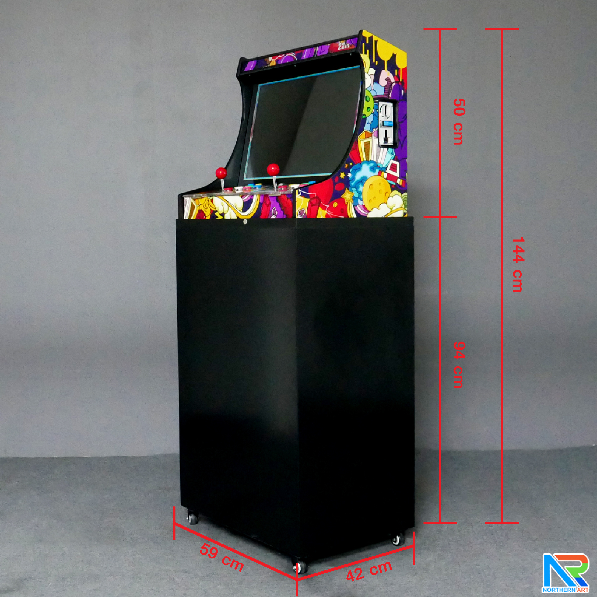 เช่าตู้เกมส์กดตั้งพื้น พร้อมเกมส์นับ 1,000+ มีลำโพงและเพลงในตัว เล่นพร้อมกันได้ 2 คน ขนาด (W)59 x (D)42 x (H)144cm