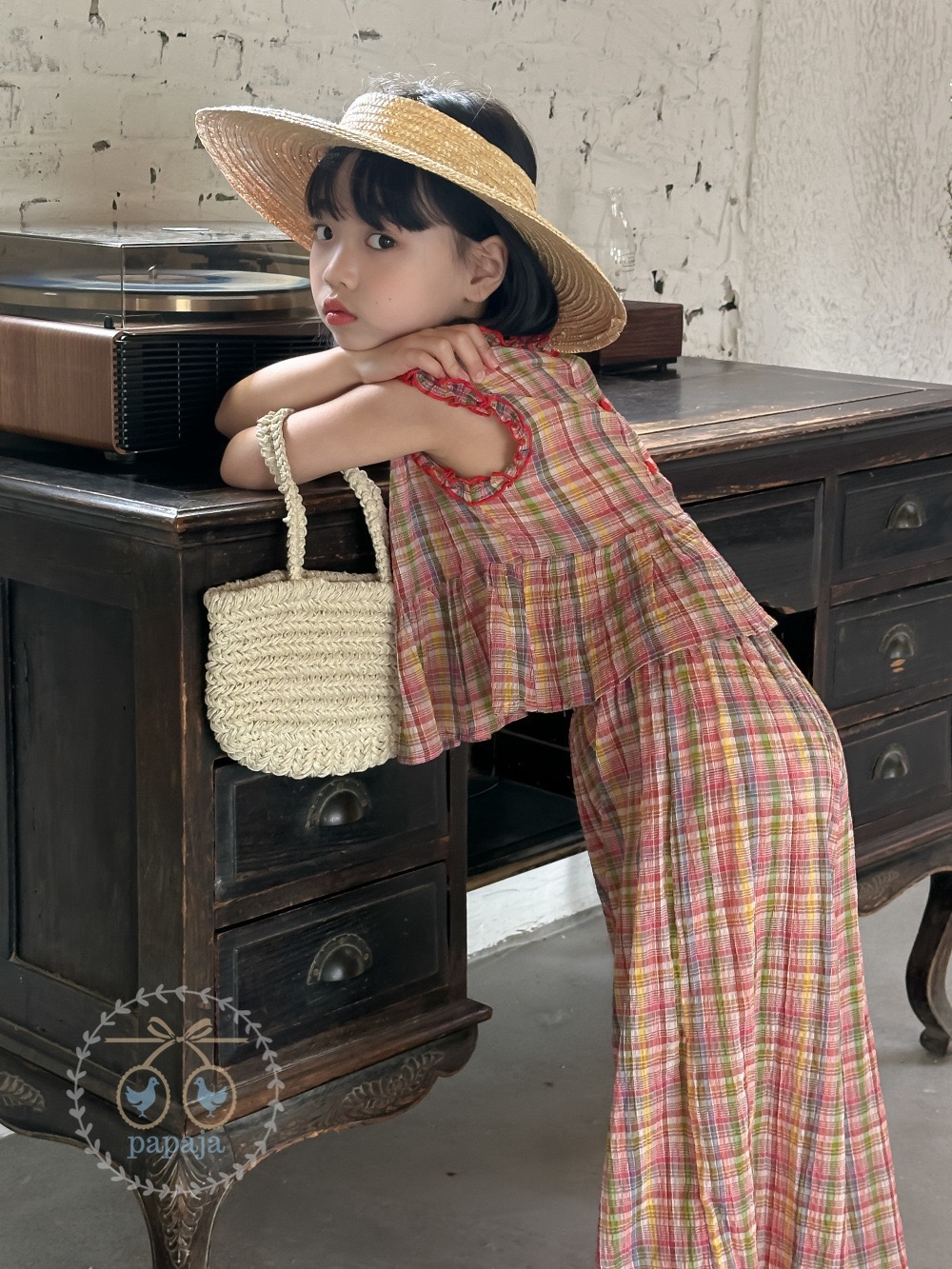 เซตเสื้อแขนกุด+กางเกงขายาวลายสก็อตสีโทนแดง