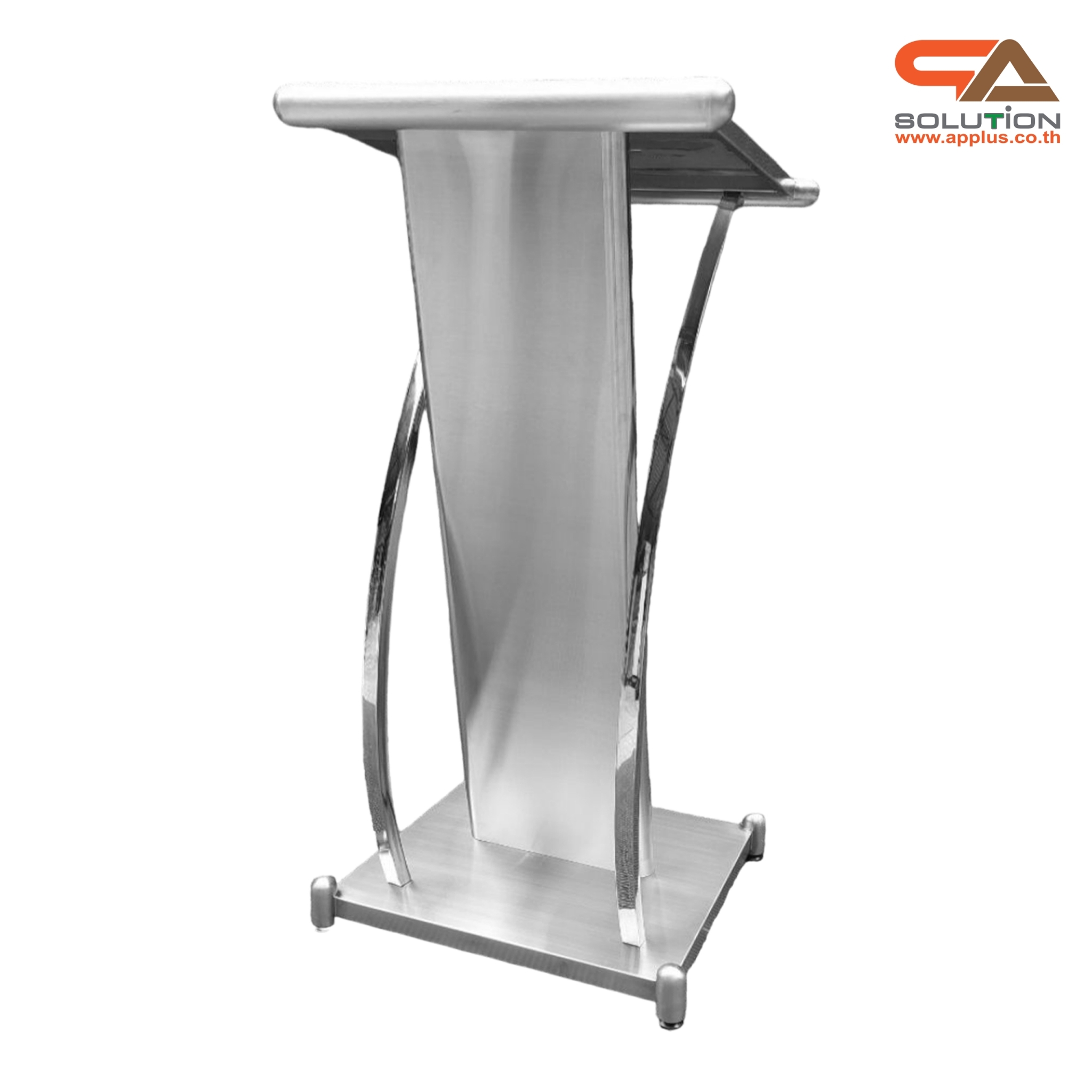 โพเดียมสแตนเลส แฮร์ไลน์ ST-01 ขนาด TOP (W)57 x (L)49 สูง (H)116 ซม. ตกแต่งสแตนเลสโค้งด้านข้าง เกรด304 แข็งแรงทนทาน