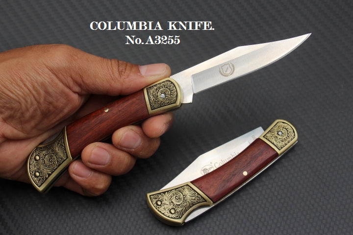 มีดพับทรงคลาสสิค COLUMBIA No.A3255 ด้ามไม้แท้ + ทองเหลืองแกะลายไม้เลื้อย