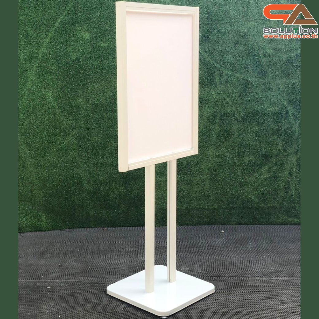 โปสเตอร์สแตนด์ อะลูมิเนียม สีขาว เสาคู่ ขนาด (W)60 x (L)44 x (H)153 cm. ฐานเหล็กสี่เหลี่ยม โชว์งานพิมพ์ 2 ด้าน ถอดประกอบได้