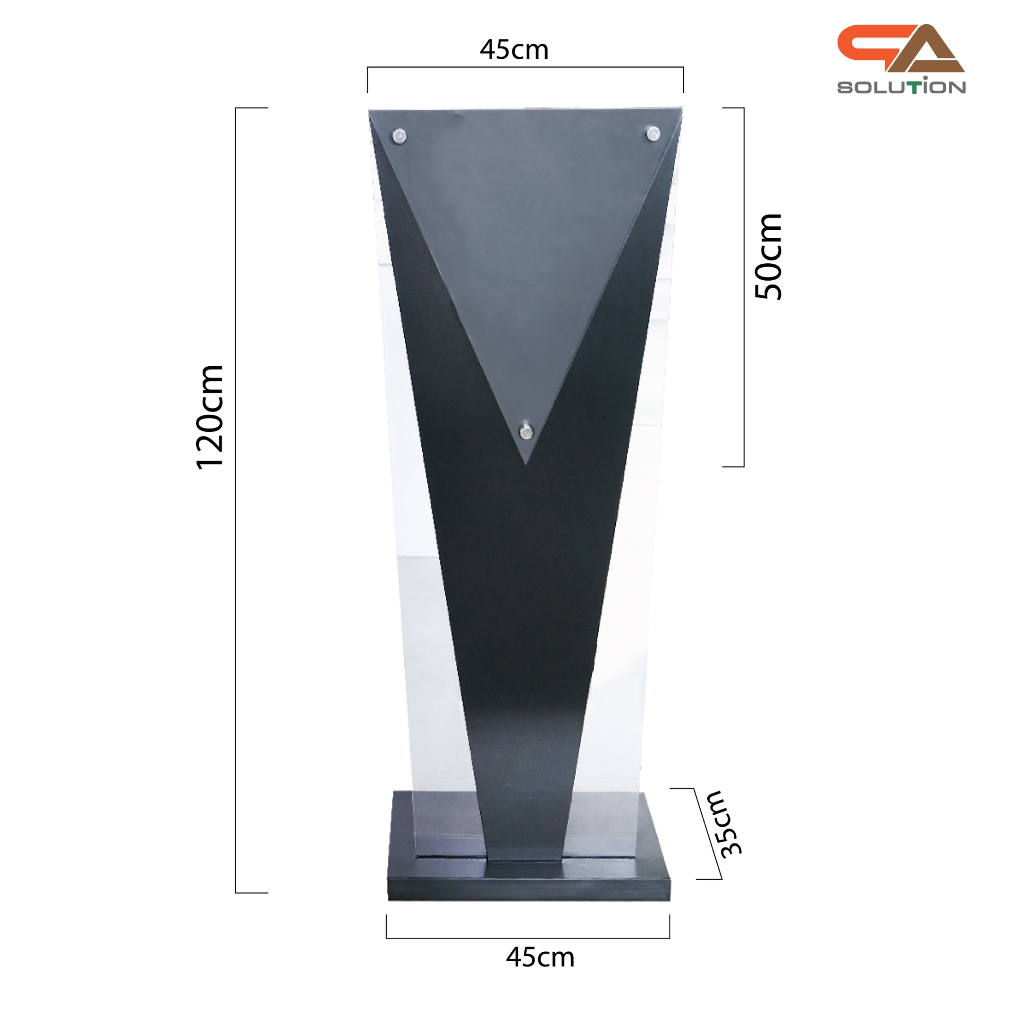 โพเดียมไม้สีดำ ทรงสามเหลี่ยม ขนาด (W) 45 x (L) 35 x (H) 120 cm. ด้านข้างอะคริลิคใส หนา 8 มม. ด้านหน้าอะคริลิคใส ติดหมุด สำหรับติดโลโก้