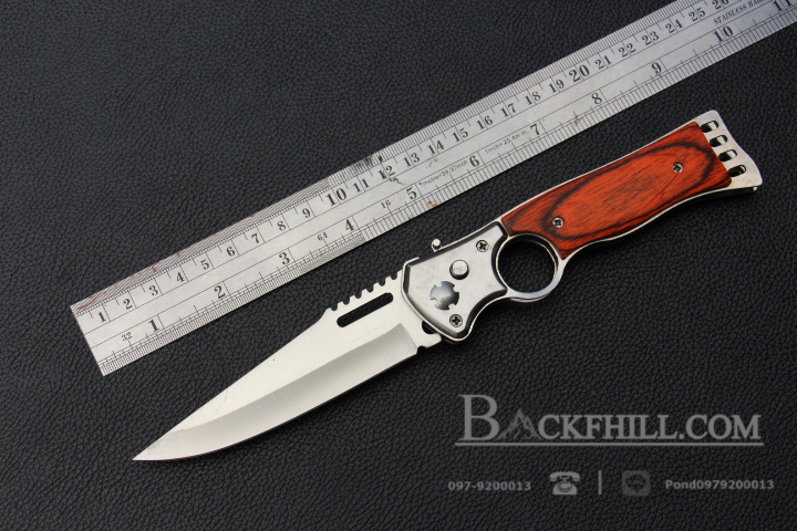 มีดพับสปริง Stainless Steel ใบมีดสวิง ด้ามไม้รูควง ปลายแหลม ขนาด 9 นิ้ว