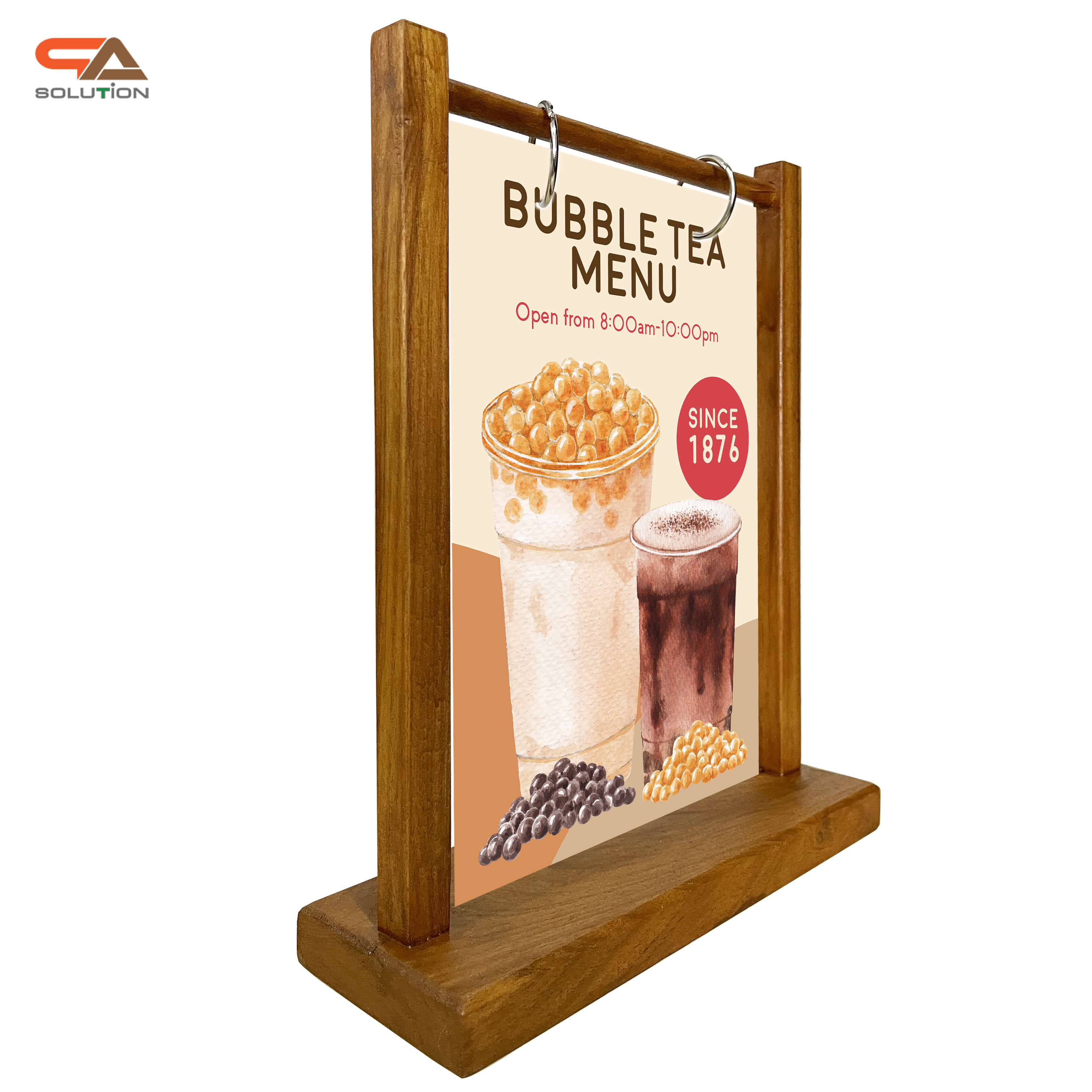 เมนูตั้งโต๊ะ ไม้จริง ทำสีสัก รุ่น D1 ขนาด A5 พร้อมห่วง 2 อัน ( ไม่รวมงานพิมพ์ )