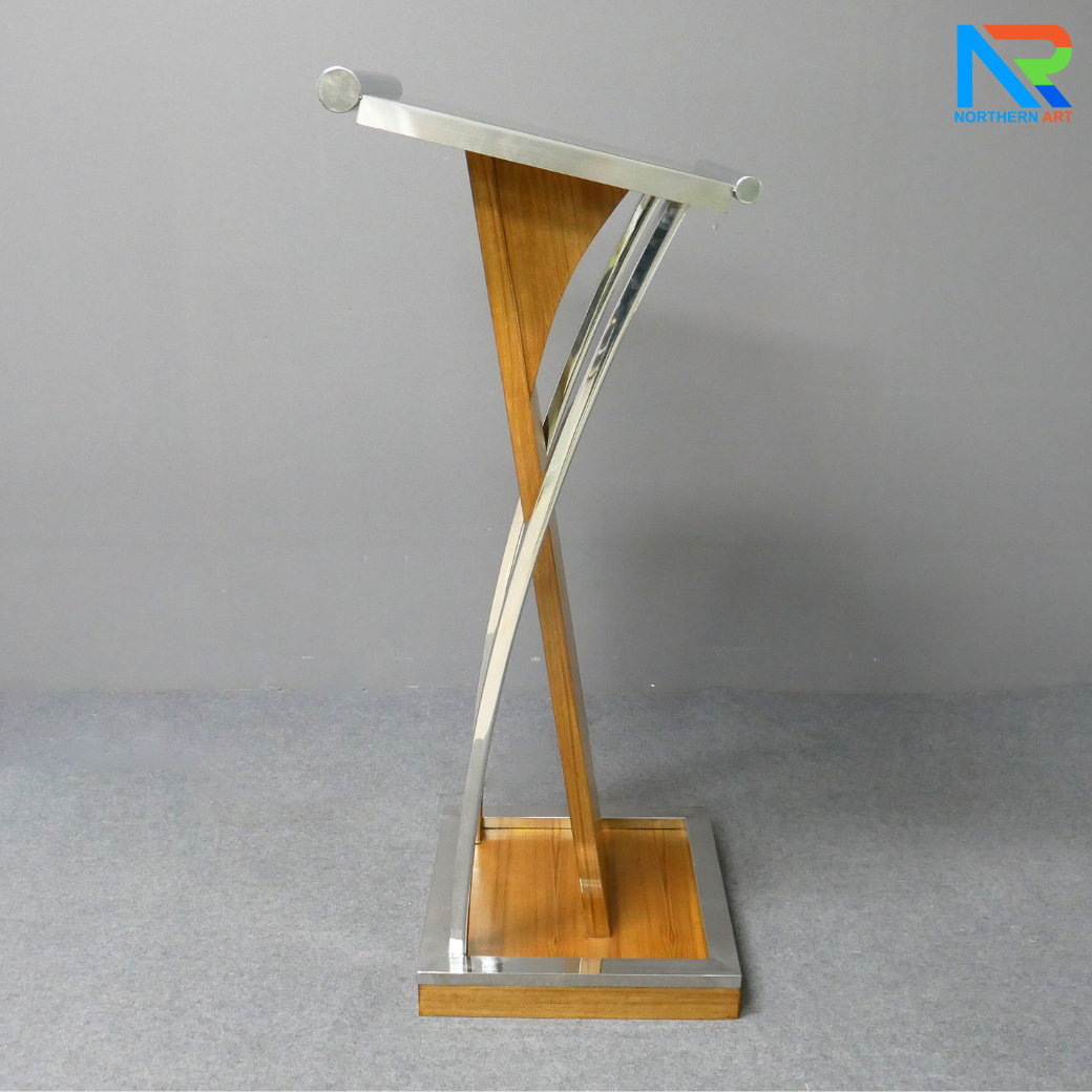 โพเดียมไม้จริง สีสัก PD-01 ขนาด (W)48 x (L)51 x (H)120 cm Top หุ้มสแตนเลส เกรด 304 แข็งแรงทนทาน พร้อมจัดส่งทั่วไทย