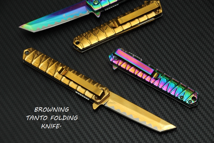 มีดพับ BROWNING FOLDING TANTO ใบมีดหัวตัด Stainless Steel. ทอง