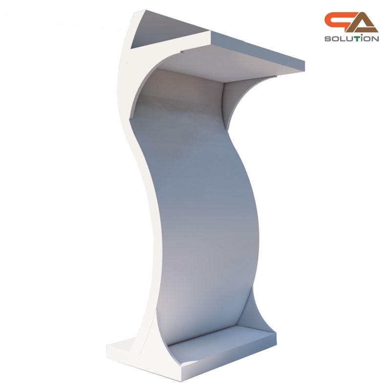 โพเดียมไม้ สีขาว ทรง S ขนาด (W)55 x (L)35 x (H)119 ซม. พร้อมอะคริลิคติดหมุดด้านหน้า สำหรับติดโลโก้