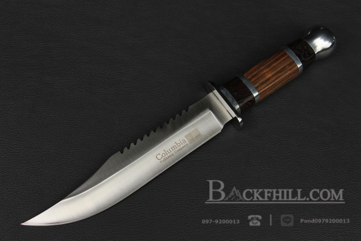 มีดใบตาย COLUMBIA รุ่น HK311A ใบมีดทรงโบวี่ ด้ามจับไม้คลาสสิค ท้าย Stainless Steel พร้อมซองไนลอน