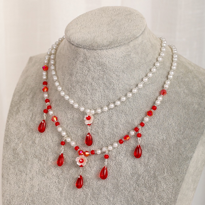 (No. 131) สร้อยคอไข่มุกแบบจีนโบราณ ห้อยอัญมณีสีแดงรูปหยดนำ้และดอกไม้