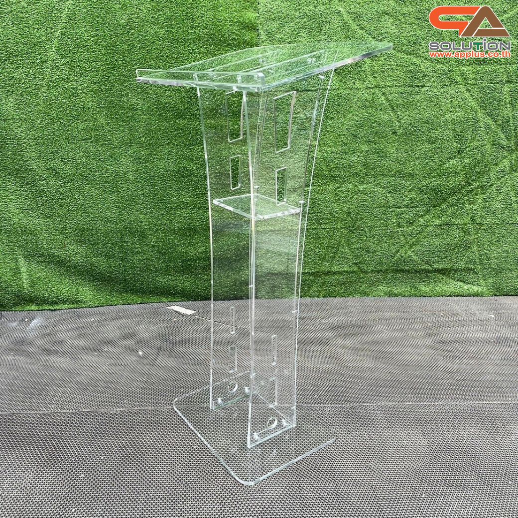 เช่าโพเดียมอะคริลิคใส TOPเอียง พร้อมกันตก ขนาด (W)60 x (L)45 x (H) 113 ซม. อะคริลิคใสหนา 10 มม.