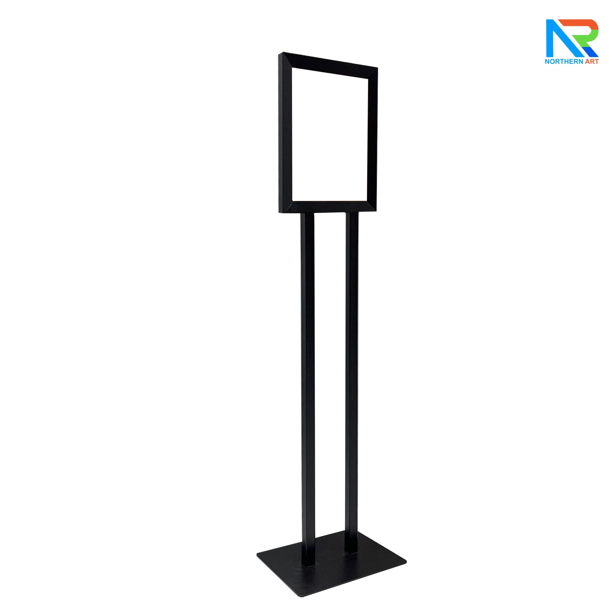 โปสเตอร์สแตนด์เหล็ก A4 สีดำ เสาคู่ ฐานเหลี่ยม ขนาด (W)26.5 x (L)35 x (H)128 cm. พร้อมแผ่นอะคริลิคใส 2 มม.2แผ่น สอดงานพิมพ์ด้านบน