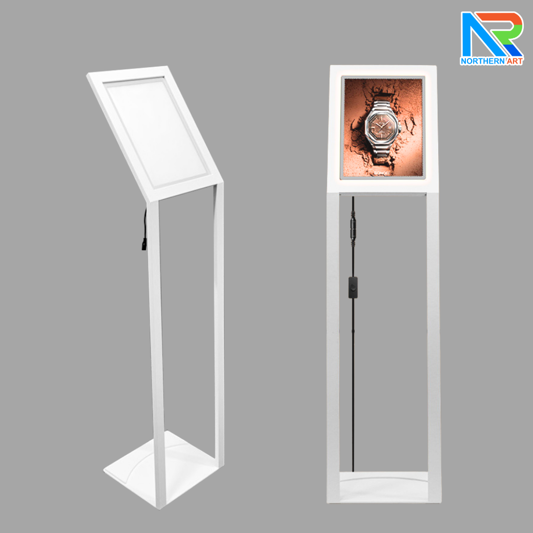 โปสเตอร์สแตนด์ตั้งพื้น LED รุ่นโชว์รูมรถ ขนาด A4 สอดงานพิมพ์ด้านบน วัสดุเหล็ก สีขาว มั่นคงแข็งแรง