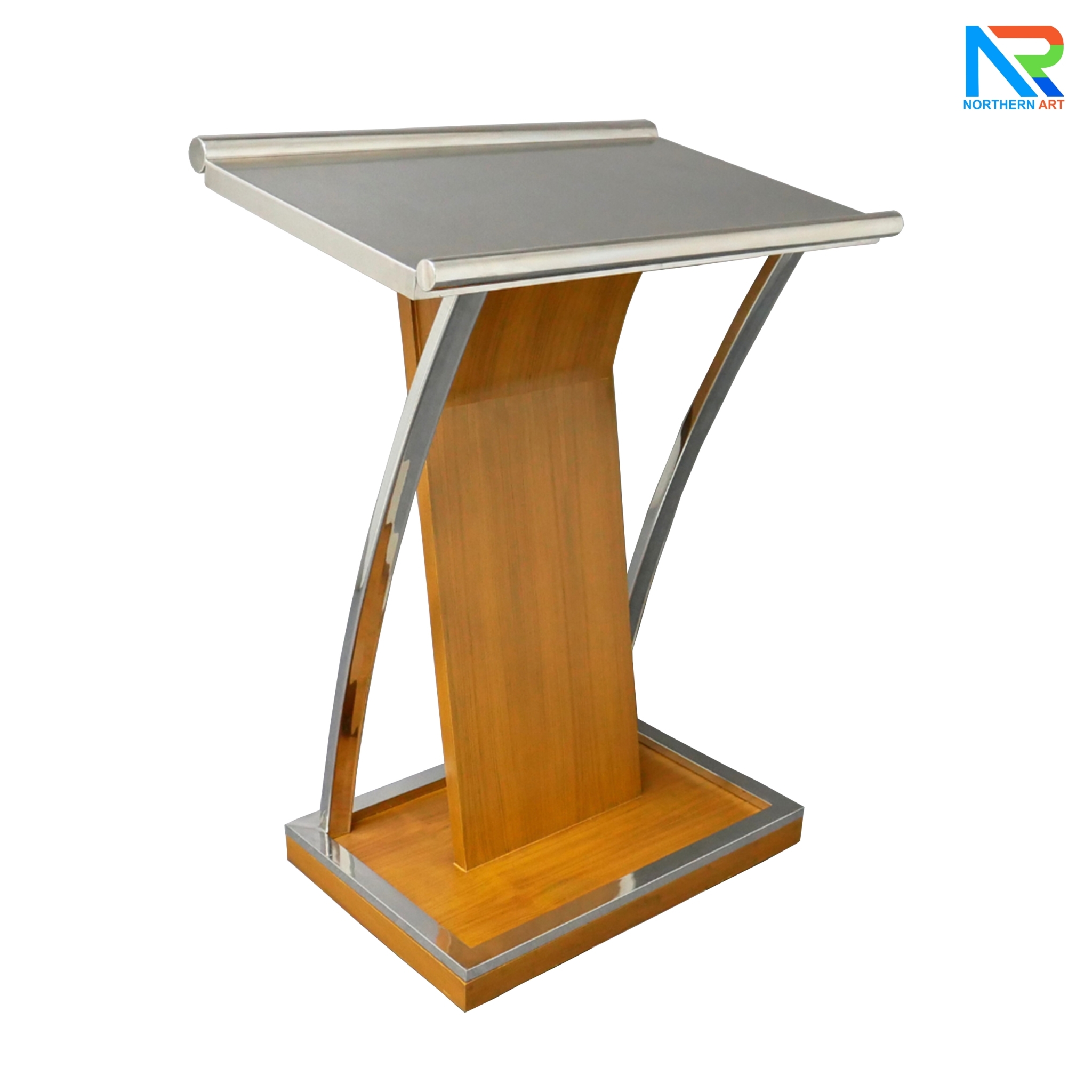 โพเดียมไม้ยืนคู่ Top หุ้มสแตนเลสยืนคู่ สีสัก ขนาด (W) 90x (L) 59 x (H) 120 cm. พร้อมตกแต่งเสาโค้งสแตนเลสเกรด304