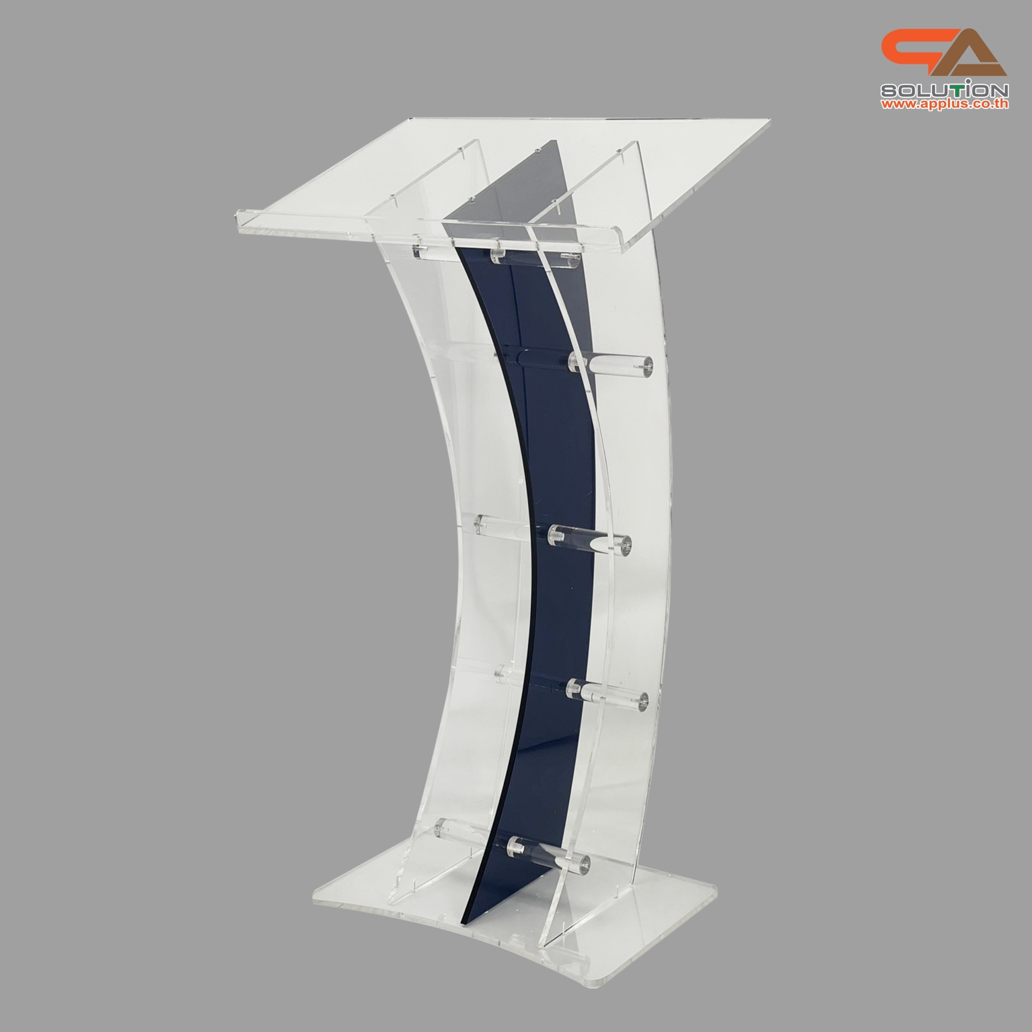 โพเดียมอะคริลิคใส และอะคริลิคสีน้ำเงิน ขนาด(W)60 x (L)42 x (H)113 cm. TOP เอียงพร้อมกันตก