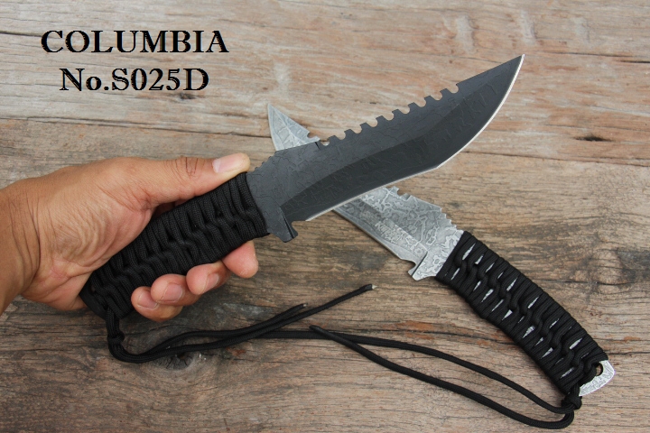 มีดใบตาย COLUMBIA รุ่น S025D สีรมดำ มีด FULL TANK สีเหล็กดิบใบลาย พร้อมซองไนลอน