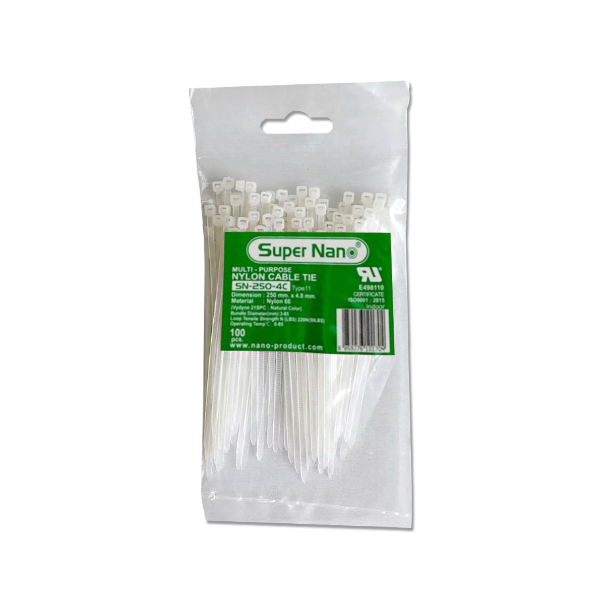 เคเบิ้ลไทร์ NANO ขาว SN-250-4C (100 ชิ้น/ถุง, 5,000 ชิ้น/กล่อง)