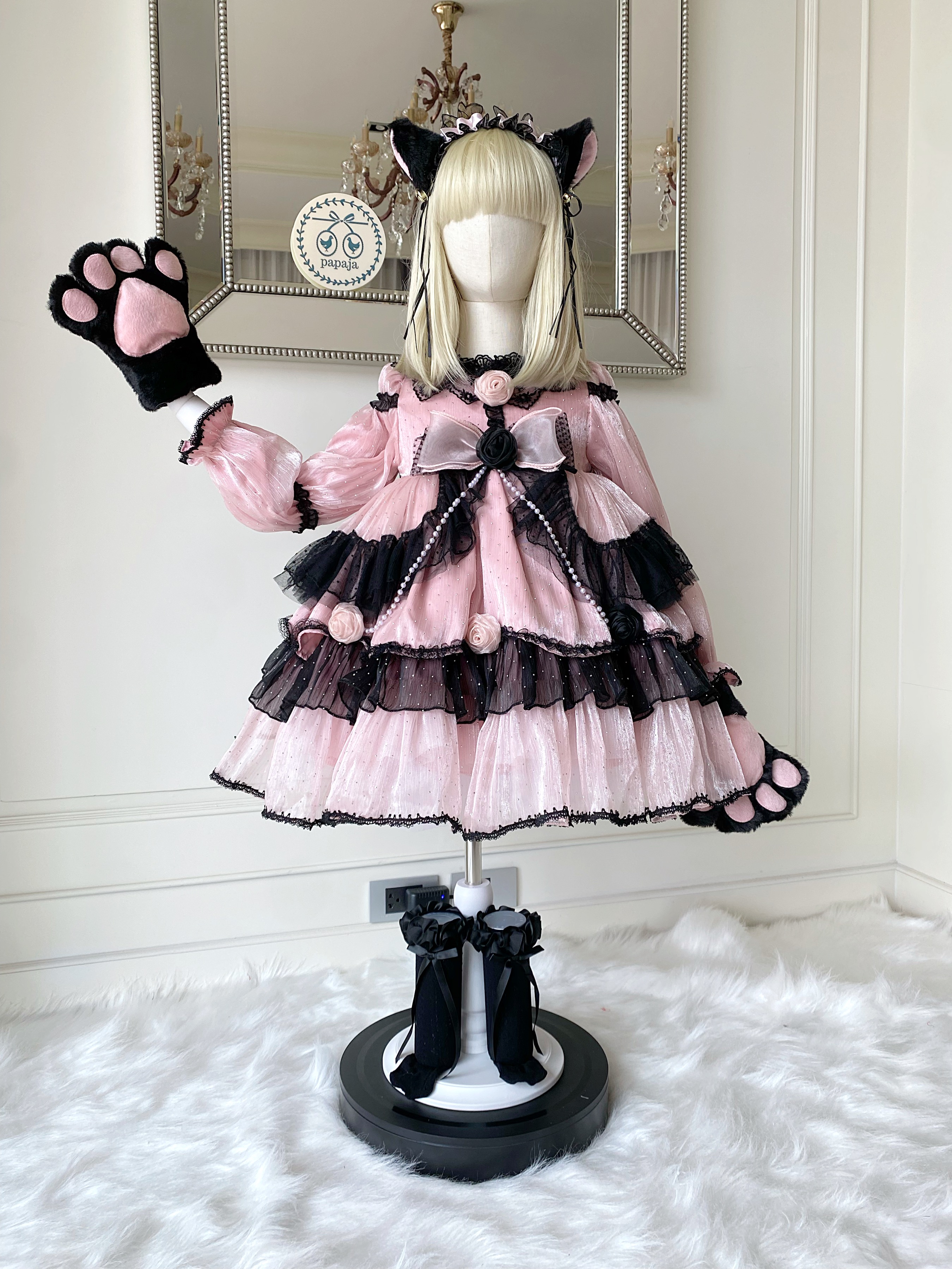(เซต 5 ชิ้น) ชุดคอสเพลย์งานไฮพรีเมี่ยม แมว Black Pink โทนชมพูดำ ครบเซต (ชุด+ที่คาดผม+ถุงมือ+ถุงเท้า+หางแมว)