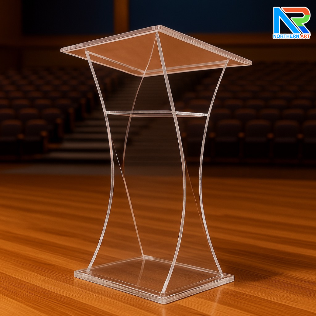 โพเดียม อะคริลิคใส ขนาด(W)60 x (L)50 x (H)110 cm. TOP เอียงพร้อมกันตก วัสดุอะคริลิคใส หนา 10 มม.