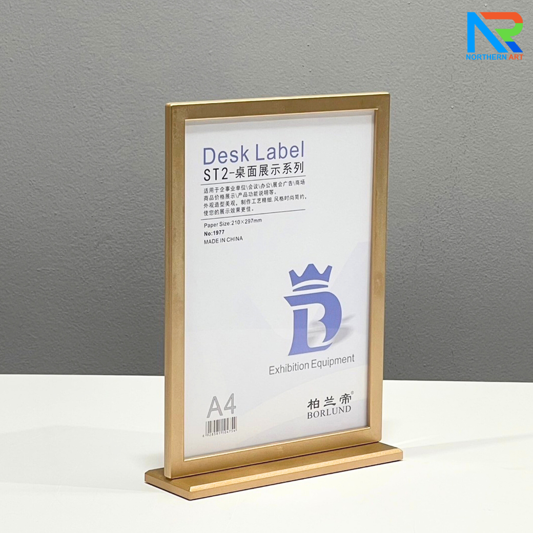 ป้ายตั้งโต๊ะ รุ่น F กรอบเฟรม สีทองและสีเงิน ขนาด A4 ฐานพลาสติก โชว์งานพิมพ์ได้ 2 หน้า ถอดประกอบได้