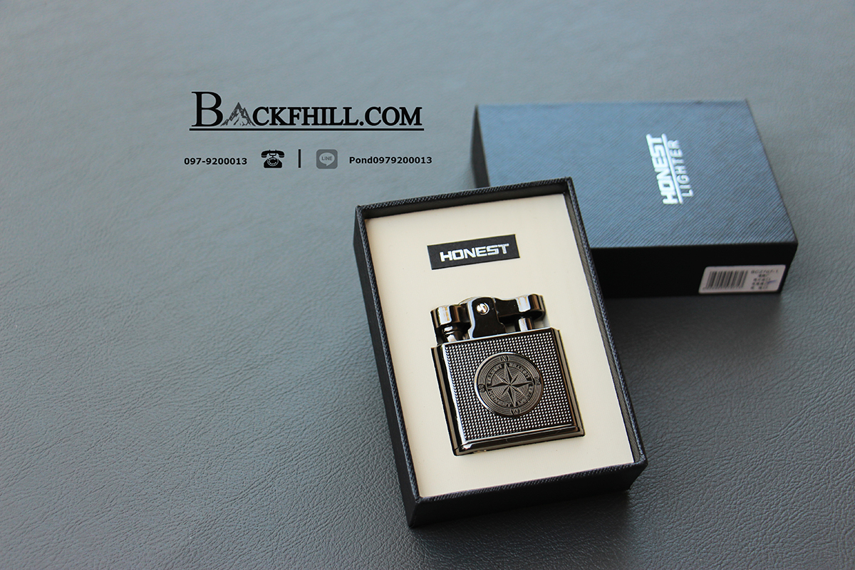 ไฟแชคทองเหลืองแท้ Honest Promise Luxury Lighter สีเงินรมดำ ลายเข็มทิศคลาสสิค ของแท้ 100%