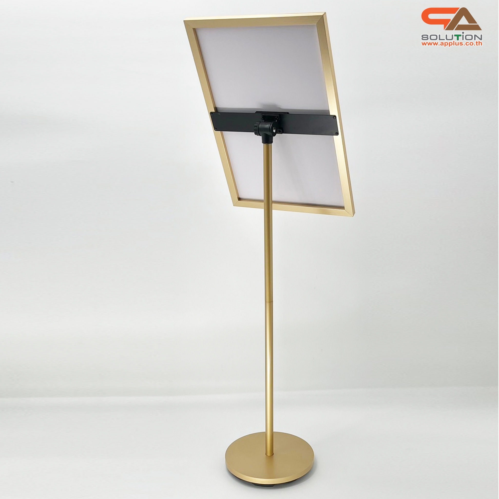 โปสเตอร์สแตนด์ ขนาด 40x60 cm. สีทอง ฐานกลม เสาเดี่ยว สอดภาพจากด้านข้าง เปลี่ยนมุมเอน ปรับแนวตั้ง-แนวนอนได้