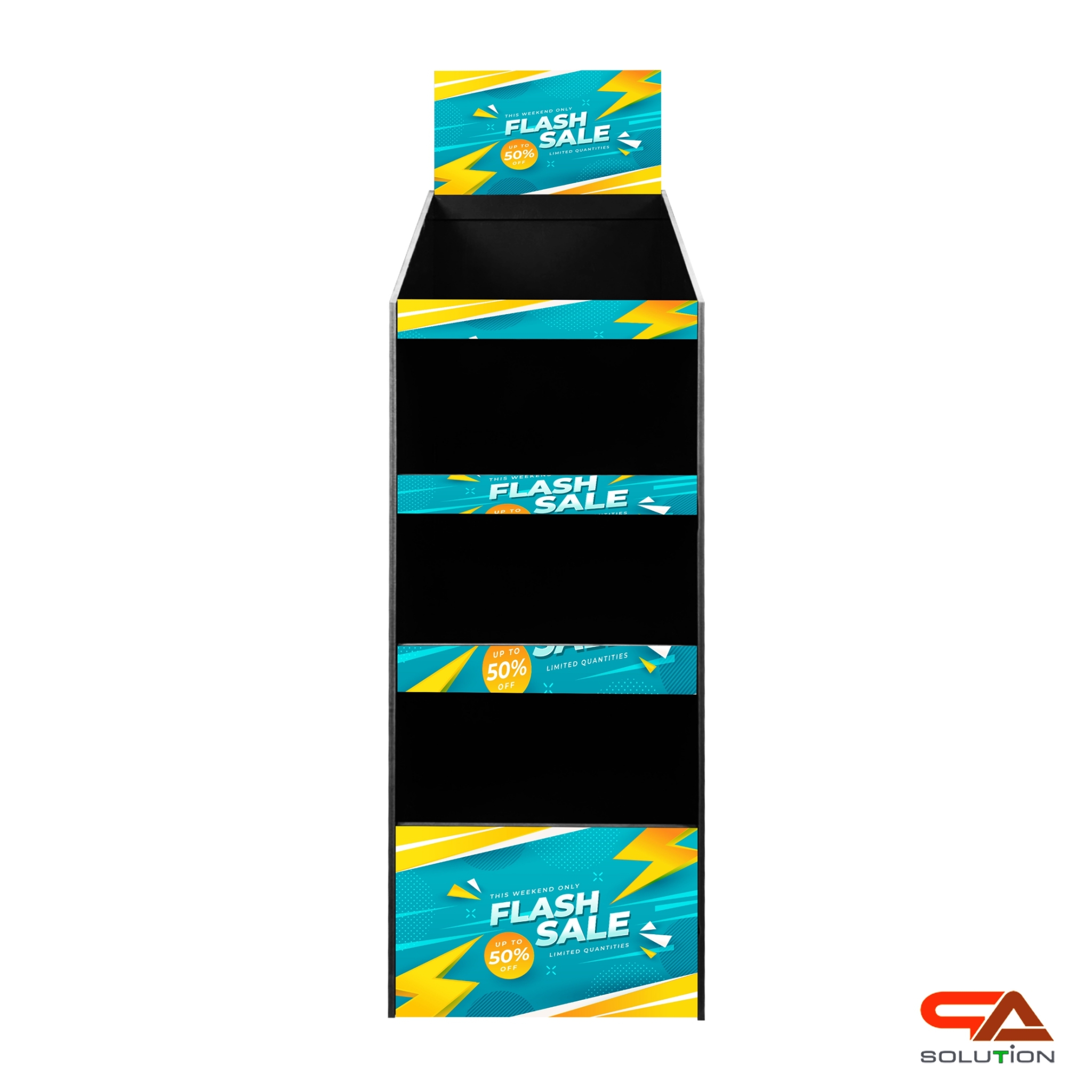 CLEARANCE SALE! ชั้นวางสินค้าพลาสวูด 4 ชั้น ขนาด (W)34 x (D)35.5 x (H)132 ซม. วัสดุพลาสวูดสีดำหนา 8 มม พร้อมงานพิมพ์สติ๊กเกอร์