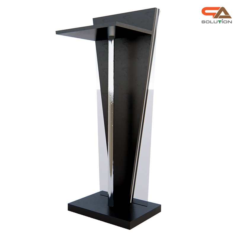 โพเดียมไม้สีดำ ทรงสามเหลี่ยม ขนาด (W) 45 x (L) 35 x (H) 120 cm. ด้านข้างอะคริลิคใส หนา 8 มม. ด้านหน้าอะคริลิคใส ติดหมุด สำหรับติดโลโก้