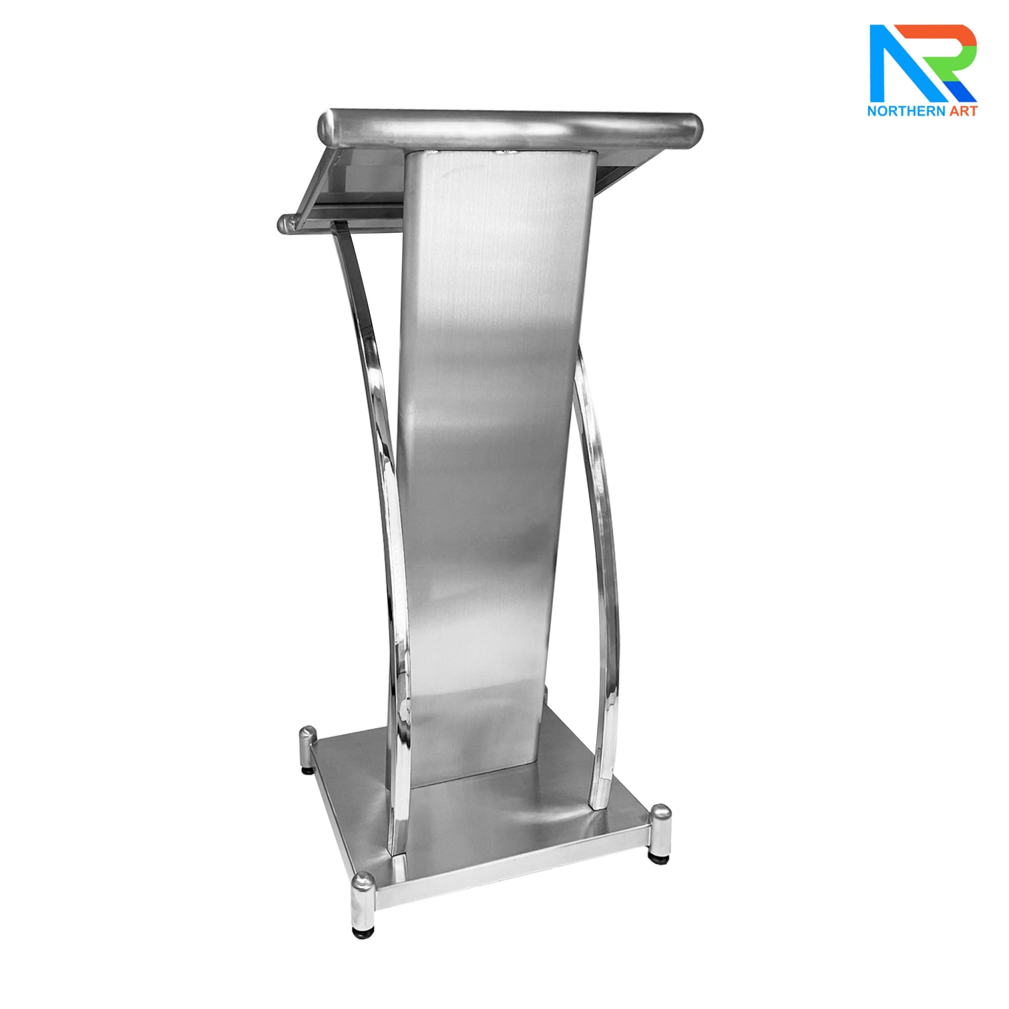 โพเดียมสแตนเลส แฮร์ไลน์ ST-01 ขนาด TOP (W)57 x (L)49 สูง (H)116 ซม. ตกแต่งสแตนเลสโค้งด้านข้าง เกรด304 แข็งแรงทนทาน