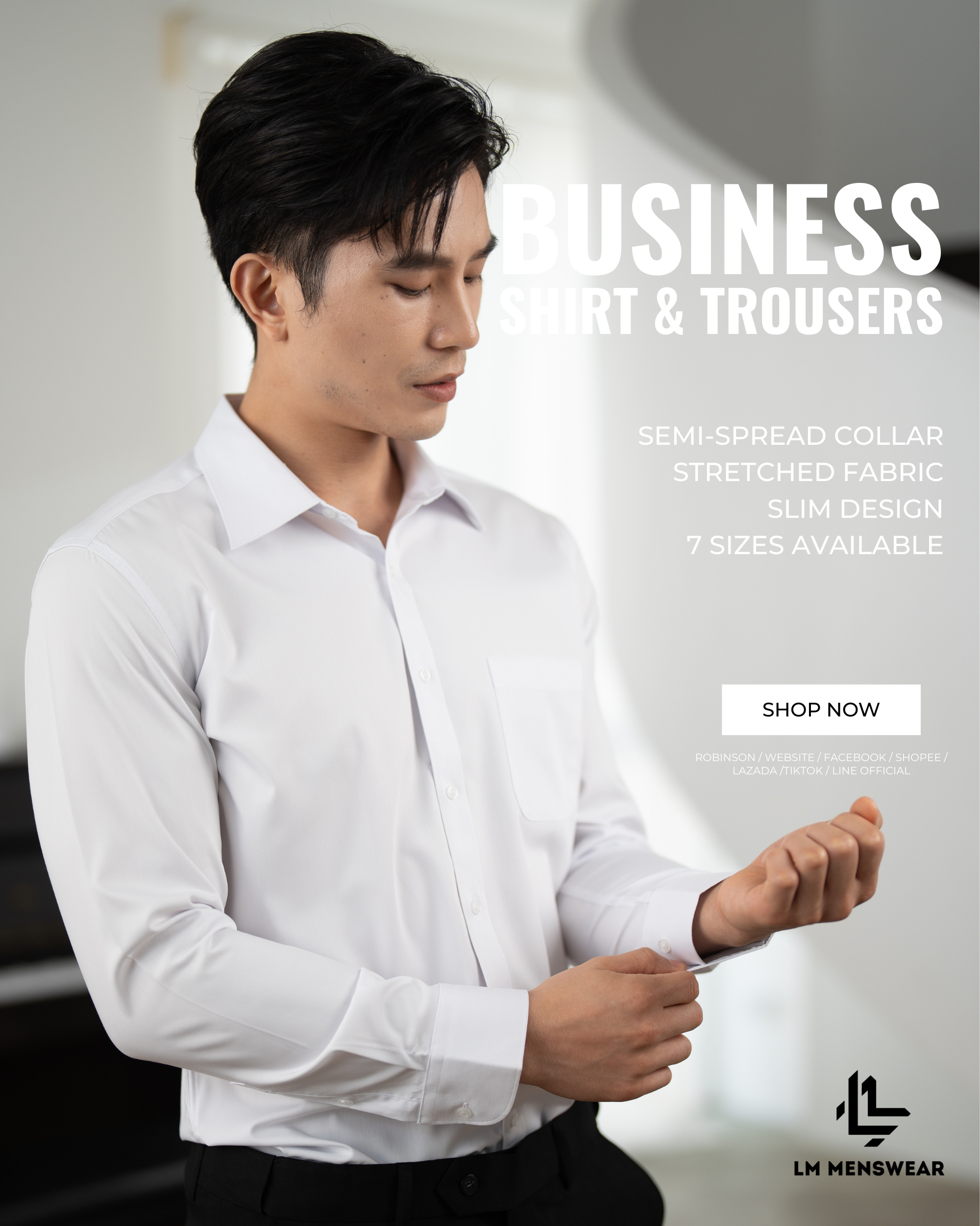 Business Shirt เสื้อเชิ้ต รุ่นบิสเนส โทนสีขาว ปก Semi-Spread Collar ทางการ เหมาะสำหรับใส่เน็คไทด์