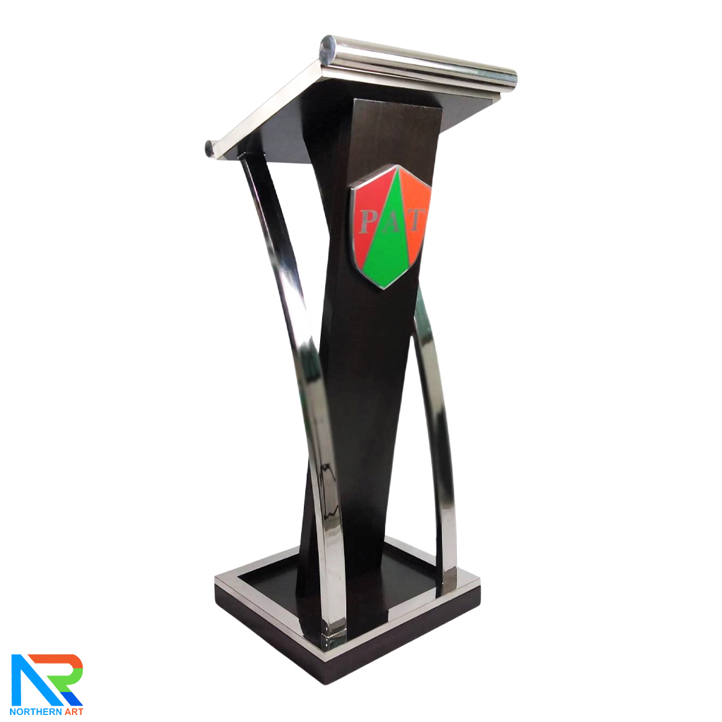 โพเดียมไม้จริง สีดำ PD-01 ขนาด (W) 48x (L) 51 (H) 120 cm Top หุ้มสแตนเลส เกรด 304 แข็งแรงทนทาน พร้อมจัดส่งทั่วไทย