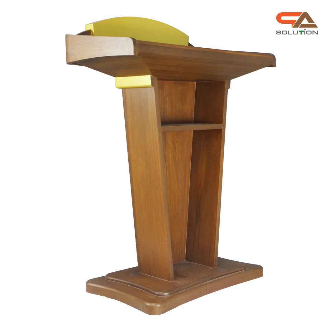 โพเดียมลายไม้สีสักและสีทอง รุ่น PD-07 ขนาดTOP (W)90 x (L)46 x (H)120 ซม. พร้อมชั้นวางของ