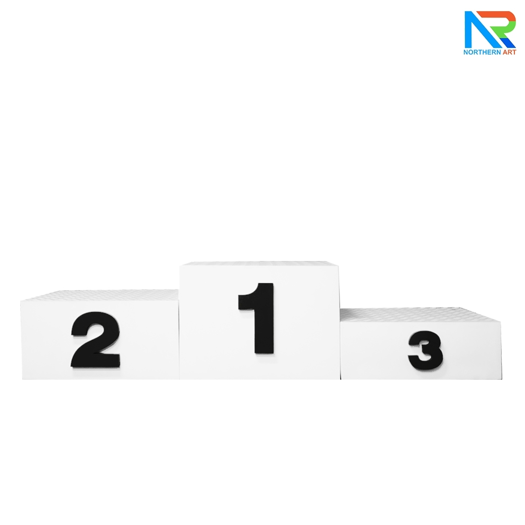 แท่นยืนรับรางวัล 1-2-3 ขนาด (W)210 x (D)50 x (H)50 cm. โครงเหล็ก ทำสีขาว พร้อมตัวเลข 1-2-3 (สั่งทำสีตามความต้องการได้)