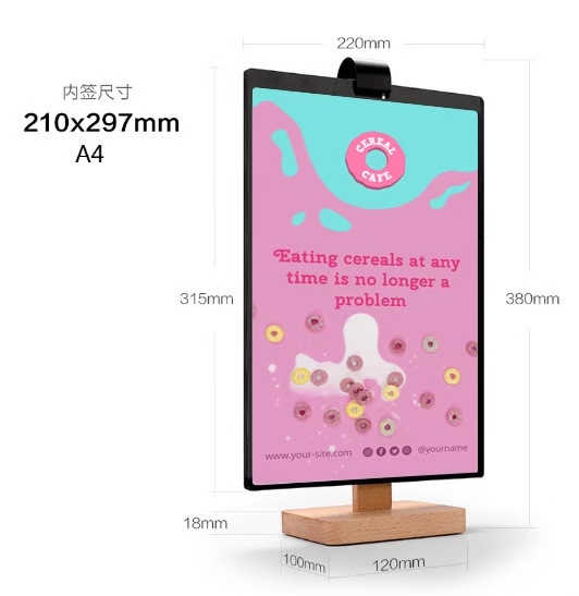 เมนูตั้งโต๊ะ ฐานไม้ รุ่น D4 ฐานไม้จริง สีบีช ขนาด 10X20 ซม., A5 และ A4 พร้อมซองพลาสติก 5 ซอง โชว์งานพิมพ์ได้ 2 หน้า (เพิ่มซองได้ )