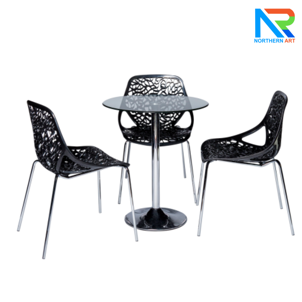 เช่าชุดโต๊ะบาร์ Top กระจกกลม เสาเดี่ยว ขาเหล็กชุบโครเมี่ยม พร้อมเก้าอี้ 3 ตัว (เก้าอี้มีหลายแบบให้เลือก)
