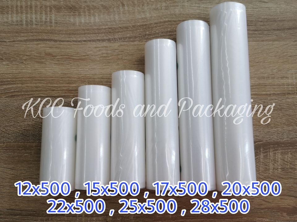 ถุงซีลสูญญากาศ แบบม้วน ถุงนูน - เรียบ ยาว 5 เมตร หลายขนาด10/12/15/17/20/22/25/28/30 x 500 cm.