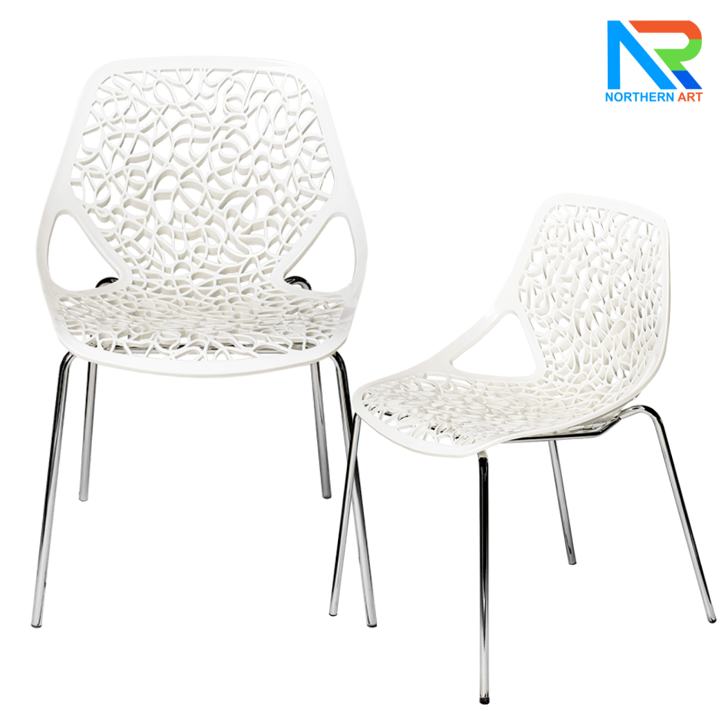 เช่าเก้าอี้ พลาสติกโพลีโพรพิลีน (PP) สีขาวและสีดำ ขาเหล็กชุบโครเมียม