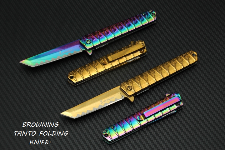 มีดพับ BROWNING FOLDING TANTO ใบมีดหัวตัด Stainless Steel. ทอง