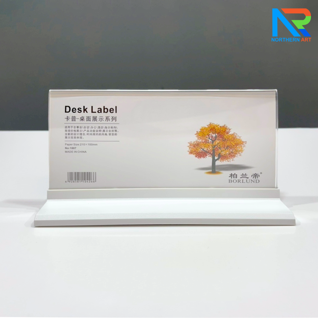 ป้ายชื่อตั้งโต๊ะ สีขาว ขนาด (W)21 x (D)7 x(H)11.5 โชว์งานพิมพ์ได้ 2 หน้า ถอดประกอบได้