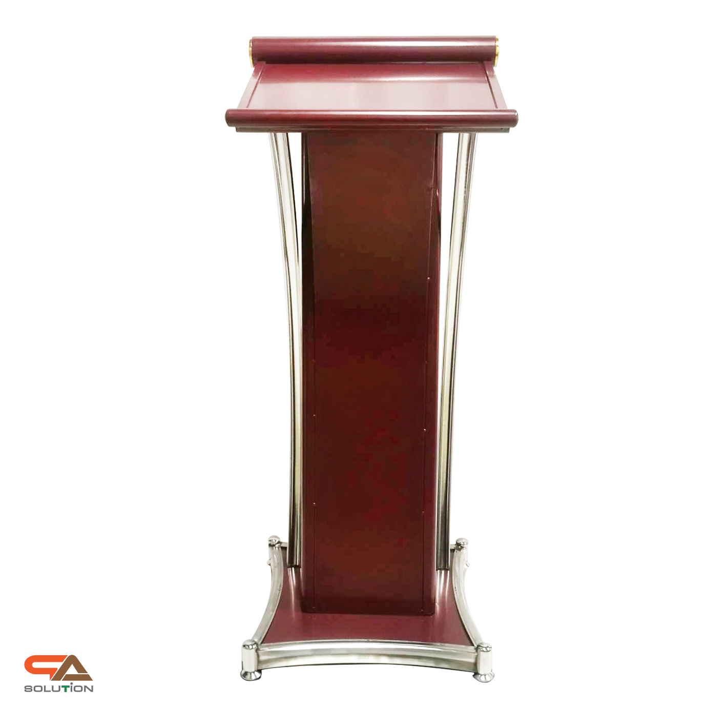 โพเดียมเหล็ก สีโอ๊คแดง ตกแต่งเสาโค้งสแตนเลสสีเงิน ขนาดTOP (W)48 x (L)39 สูง 117 cm.