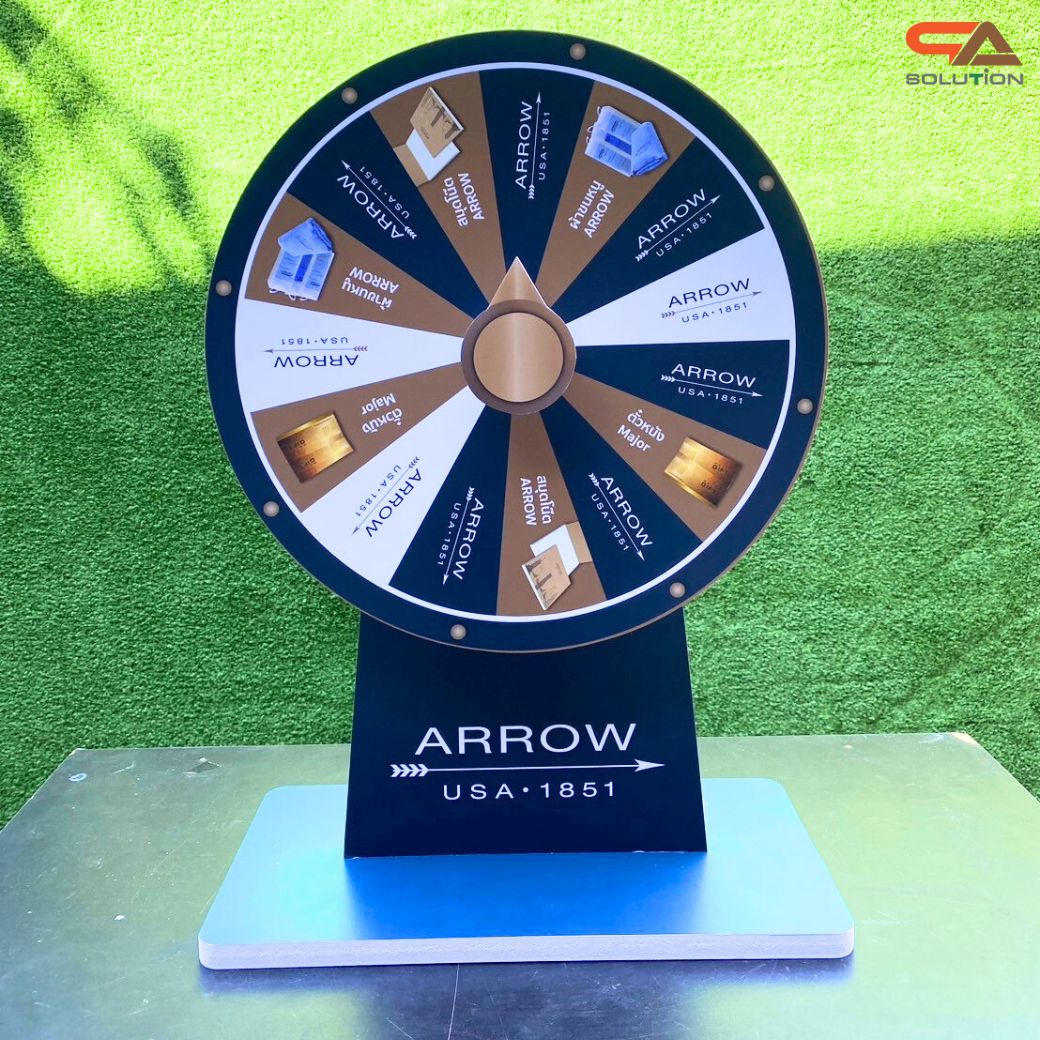 เกมส์วงล้อตั้งโต๊ะ ขนาดวงล้อ 40 ซม. สูง 56 ซม. วัสดุพลาสวูดสีขาว หนา 8-15 มม. ถอดประกอบได้