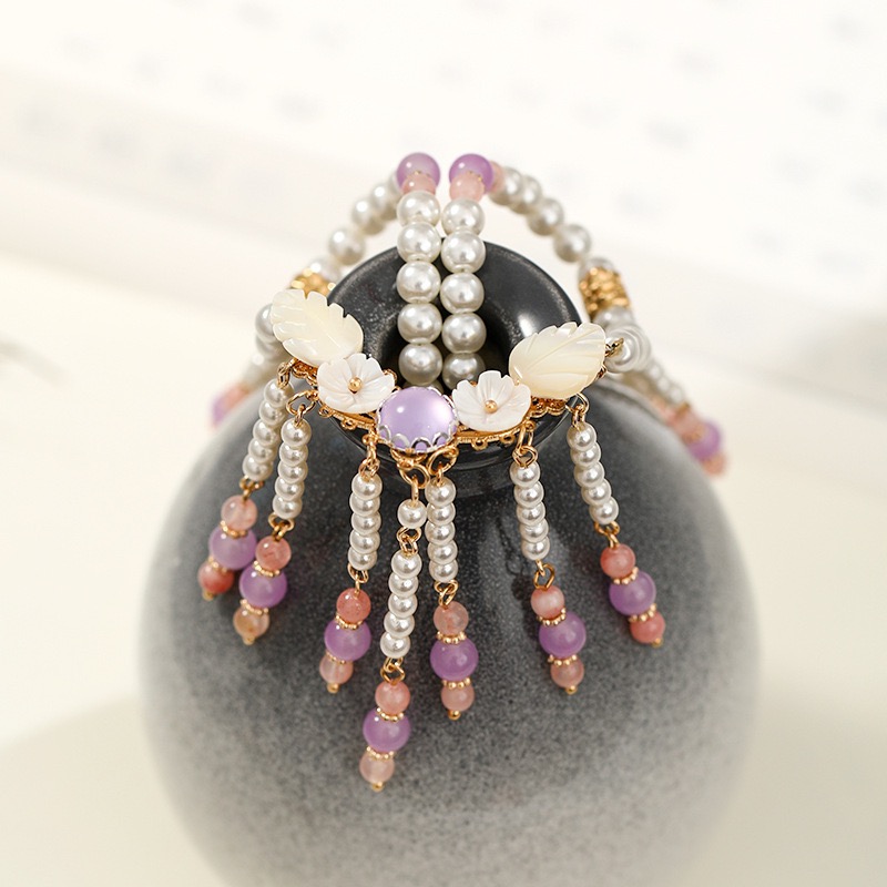 (No. 135) เซตสร้อยคอไข่มุกพร้อมต่างหูแบบจีนโบราณ กลีบดอกสีชมพูระย้า