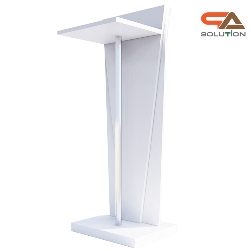 เช่าโพเดียมไม้สีขาว ทรงสามเหลี่ยม Triangle White Podium สีขาว ด้านหน้าอะคริลิคใส ติดหมุด (เฉพาะสาขาเชียงใหม่)