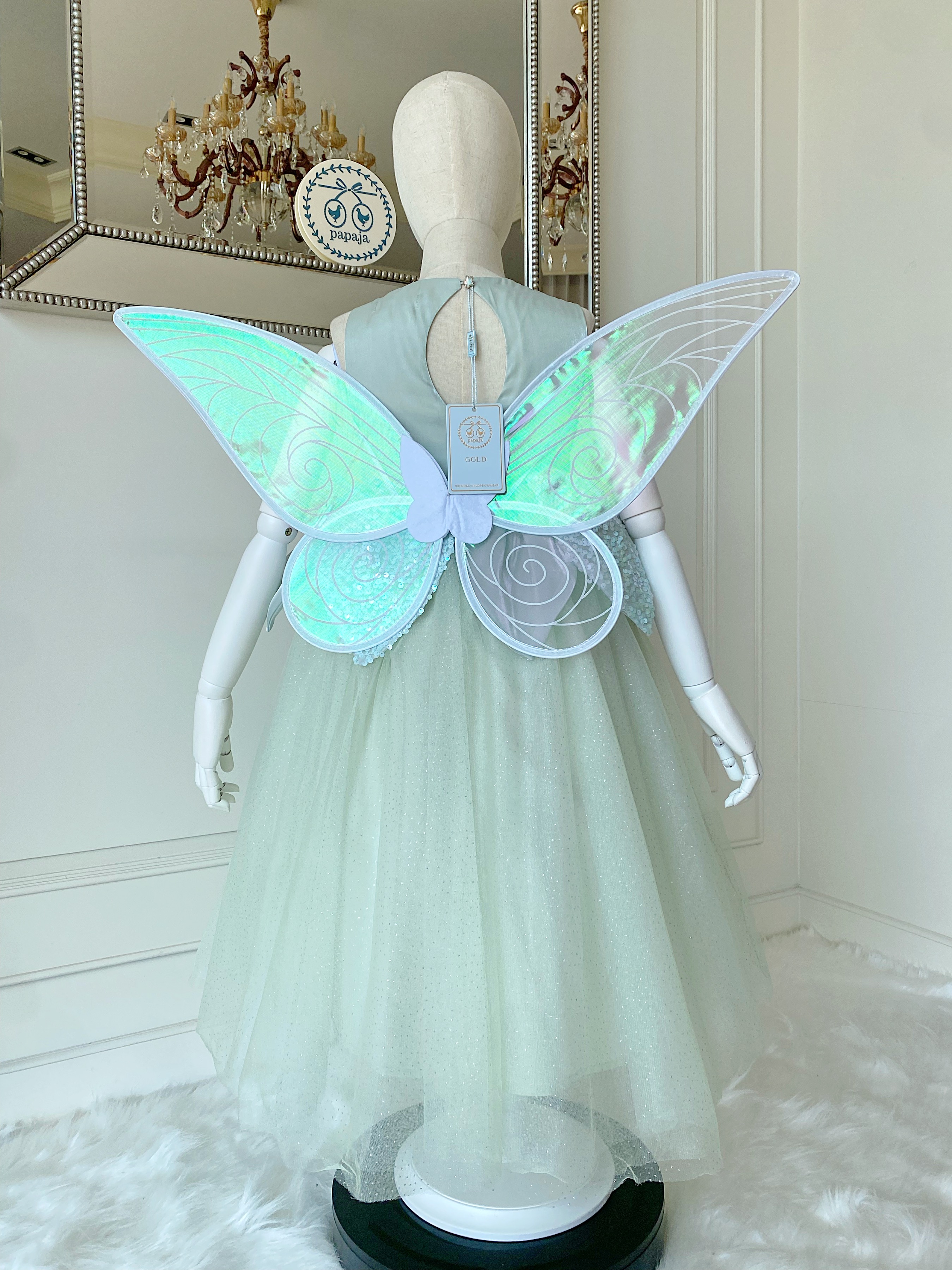 ชุดเจ้าหญิงทิงเกอร์เบลสีเขียวพร้อมปีกสีขาว รุ่นไฮพรีเมี่ยม งานสวยอลัง ปักเลื่อมทั้งชุด