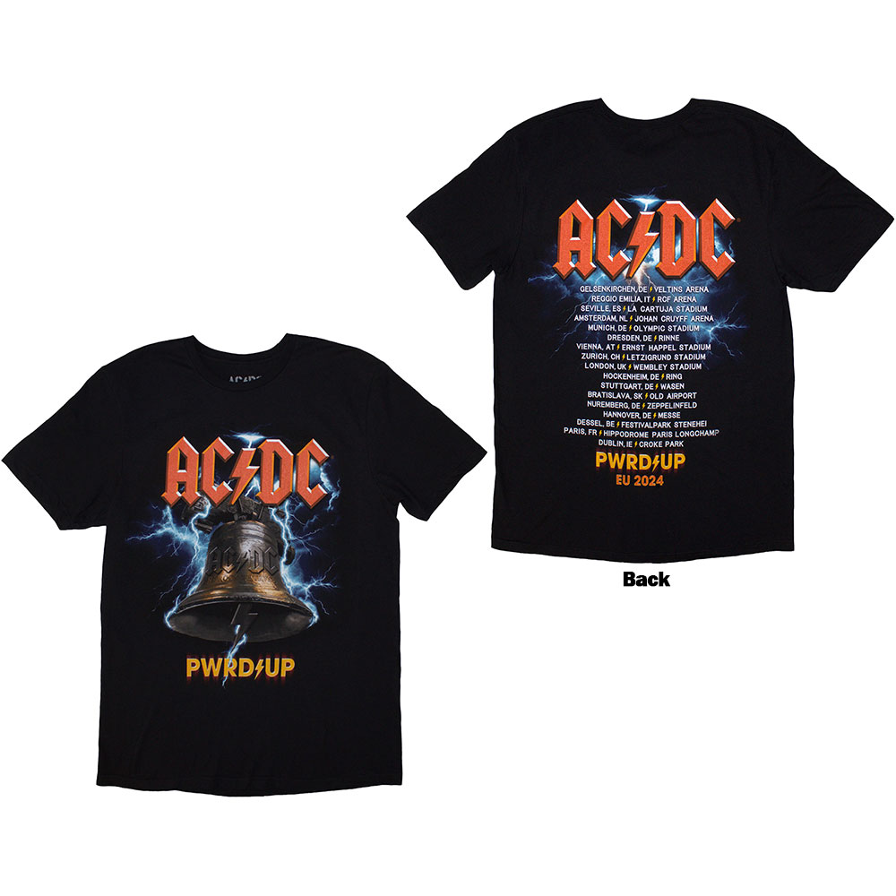 AC/DC Unisex T-Shirt: PWRD-UP In Rock We Trust (Back Print & Ex-Tour) BLACK