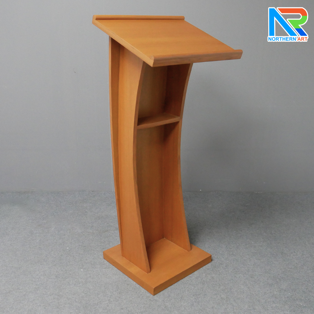 โพเดียมไม้ ลายไม้ สีสัก ขนาด (W) 50 x (L) 40 x (H) 120 cm. พร้อมชั้นวางของ