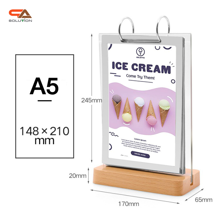 เมนูสแตนด์ตั้งโต๊ะ รุ่น D3 ฐานไม้จริง สีบีช พร้อมซอง 6 ซอง โชว์งานพิมพ์ 2 ด้าน ขนาด A4 , A5 และ A6