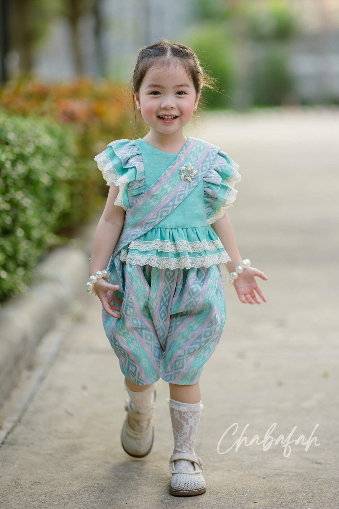 (เซต 4 ชิ้น) ชุดไทยแบรนด์ Chabafah รุ่น ศิรินภา สีฟ้า