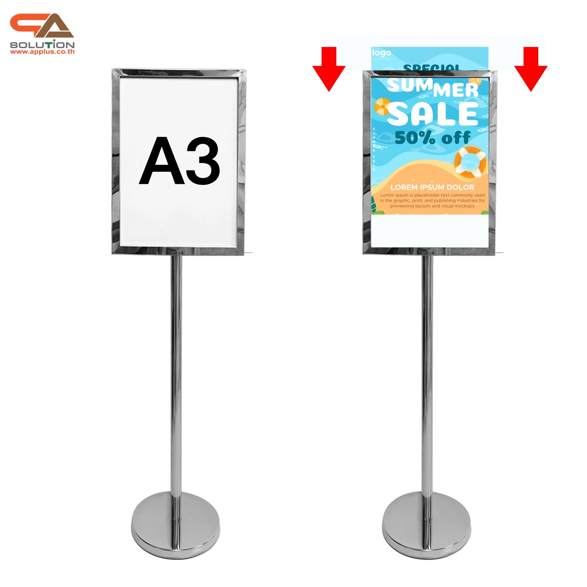 SALE! โปสเตอร์สแตนด์ สแตนเลส แนวตั้ง ขนาด A3 เกรด 201 ฐานกลม โชว์ภาพ 2 ด้าน