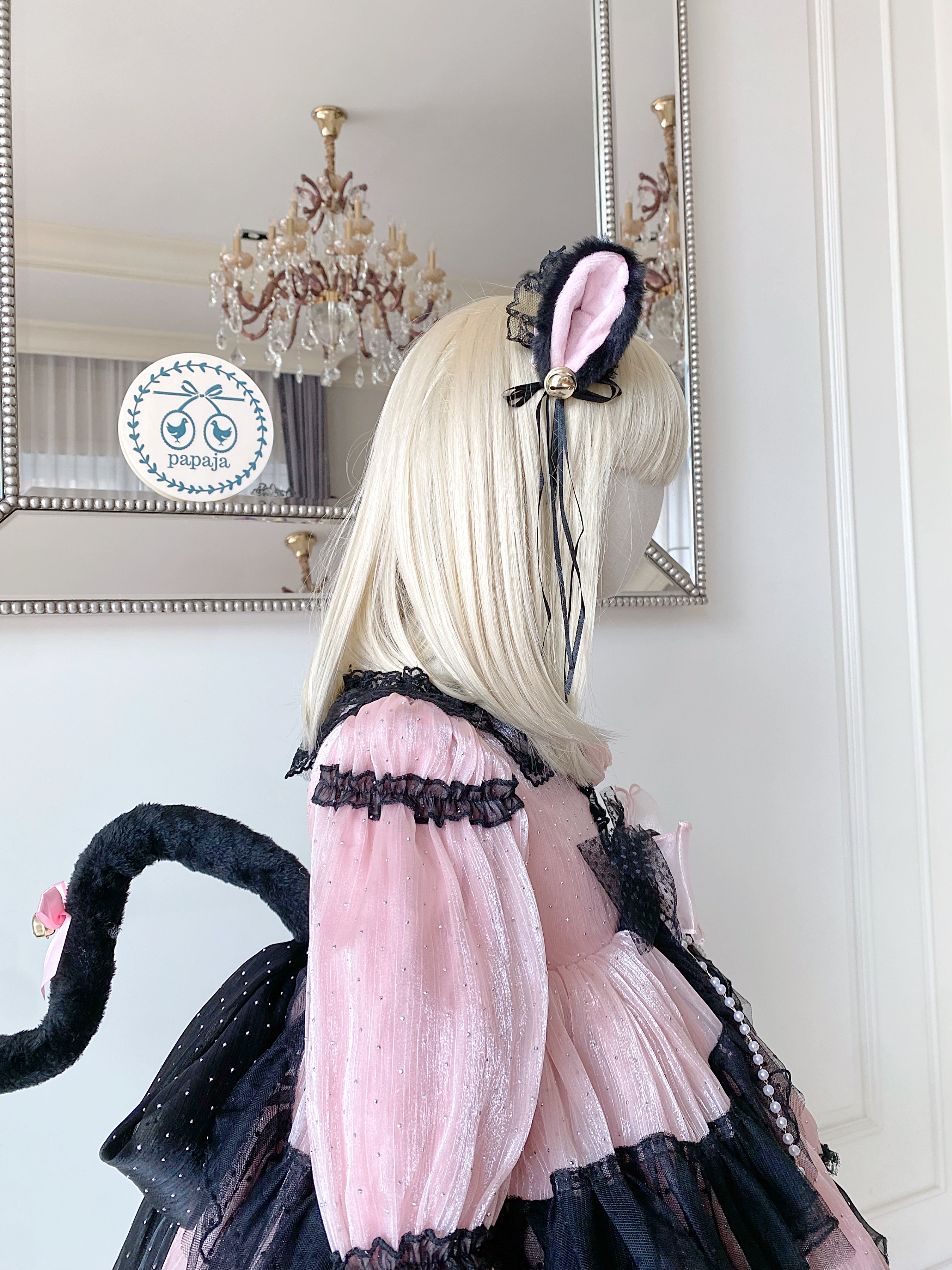 (เซต 5 ชิ้น) ชุดคอสเพลย์งานไฮพรีเมี่ยม แมว Black Pink โทนชมพูดำ ครบเซต (ชุด+ที่คาดผม+ถุงมือ+ถุงเท้า+หางแมว)